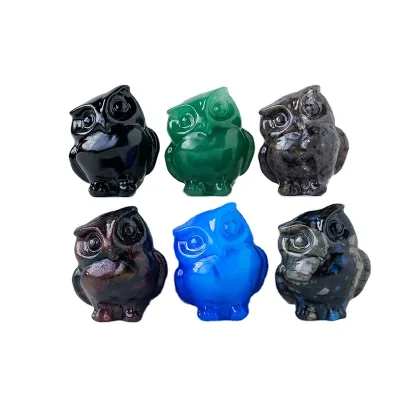 2026 Wholesale Natural Crystal Colorful Owl Stone Carving of Ornaments