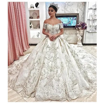 Grey Sexy Pregnant Women Sleeve Puff Ball Gown Indian Wedding Dress