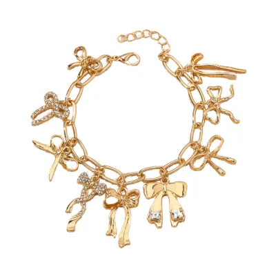 Golden Color Multi-Bow Statement Bracelet Trendy Charms Diamond Encrusted Women Buddhism-inspired Buddhism Bowknot
