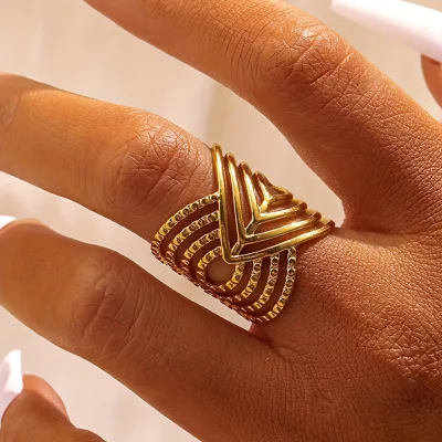 Geometric Hollow 18K Gold Plated Stainless Steel Luxury Ring for Women-Wedding Engagement Party Gift Adjustable Girl Ring