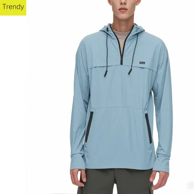Hot on Alibaba, B2B Custom Mens Light Blue Hooded Sun Protection Jacket with Multiple Utility Pockets