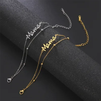 Gold Plated Stainless Steel Double Layer Bead Chain Letter Mama Charm Stack Bracelets 14k Plated Bracelet for Mother's Day Gift