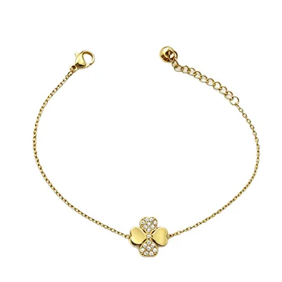 Wholesale Stainless Steel Gold Plated Four Leaf Clover Bracelet with Pave Crystal Accents Elegant Link Chain Jewelry for Women