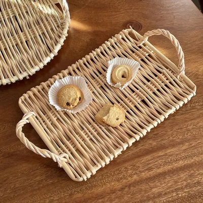 2023 New Style Rattan Plate Fruit Storage Basket Hand-woven Japanese Wicker Serving Tray