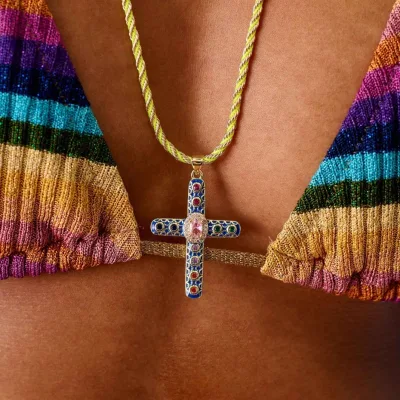 Hot Selling Vintage Style Religious Charm Cross Pendant with Colored Zirconia Versatile Link Chain Necklace for Wholesale