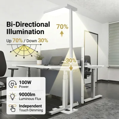 Modern Office Aluminum LED Standing Floor Lamp 100W 14000lm CRI 98 UGR<14 Flicker-Free Touch Control Reading and Sleep Modes