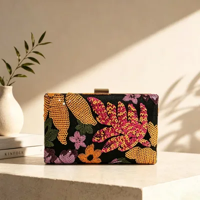 New Artisan Handcrafted Sequin Embroidery Flower Chain Clutch Bag Beaded Evening Box Purse Fashion Trendy Women's Crossbody Bags