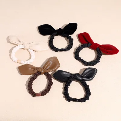 New Leather Bow Cute Autumn and Winter Tie Ponytail Head Rope Tied Ball Head Rubber Band Hair Tie