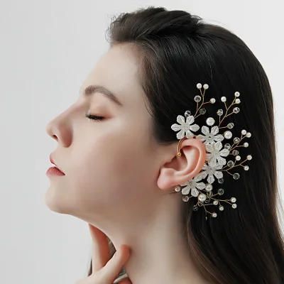 Alloy Flower Leaf Elf Ear Cuffs No Piercing, Bridal Wedding Ear Wraps, Fairy Photo Shoot Jewelry Accessories
