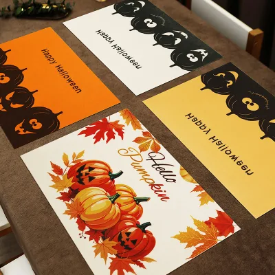 Halloween Felt Maple Leaf Pumpkin Printed Placemat with High-end Feel, Washable Placemat with Thermal Insulation