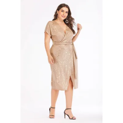 New Design of Short-sleeved V-neck Jacquard Fabric Plus-size Woman Dress