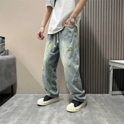 Retro High Street Men's Baggy Distressed Vintage Washed Outdoor Streetwear Loose Denim Jeans Men