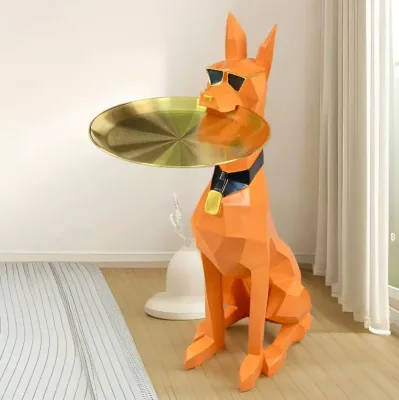 Creative Geometric Resin Doberman Dog Statue with Gold Tray Luxury Large Floor Animal Sculpture for Living Room TV Cabinet
