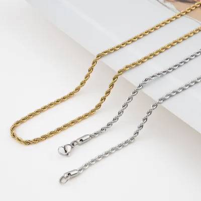 18k Real Gold Plated Rope Chain 1.5mm 2.5mm 5mm Stainless Steel Twist Chain Necklace for Men Women 16 Inches
