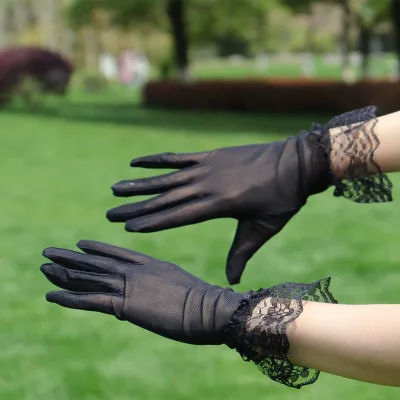 Mansige Hot-selling Lace Trim Mesh Wrist Length Gloves Women's Thin Stretch Breathable Black Vinegar Fiber Sexy Hollow Spring
