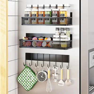 Moveable Magnetic Seasoning Holder Organizer No Punching Magnetic Spice Shelf with 8-Hook Rack for Refrigerator