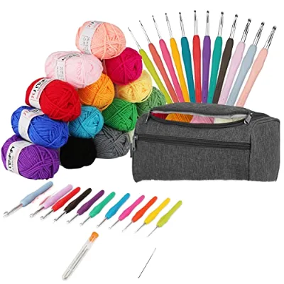YINVA Christmas Style Square Portable Sewing Kit Beginners-15Pcsx25g Yarns Ergonomic Metal Hooks 3mm Storage Case-Grey