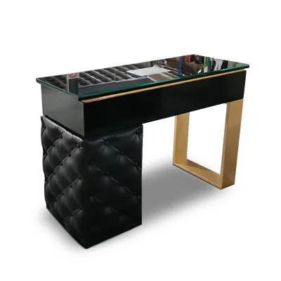 Luxury Gold Iron Single Nail Table Antique Style Tufted Leather Black Manicure Table with 4 Drawers