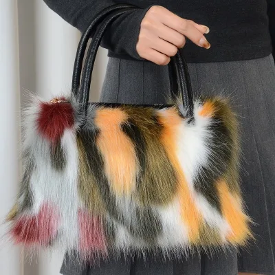 New Plush Faux Fur Women's Crossbody Handbag Color-Block Fluffy Design Canvas Lining Two Straps European American Trendy