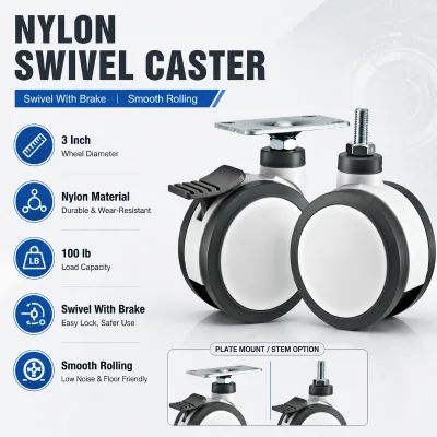 3 Inch Nylon Twin Wheel Swivel Caster with Brake 100 lb Load Capacity Plate and Threaded Stem for Carts Equipment**