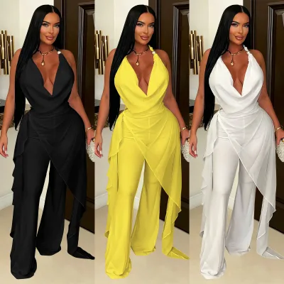 2026 Womens Casual Halter-Neck Boat-Neck Polyester Long Pants Elegant Set Women Sexy Jumpsuit