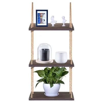 Modern Three-Layer Floating Shelves Wooden Hanging Wall Rack Storage for Living Room or Kitchen Iron & Metal with Art Style