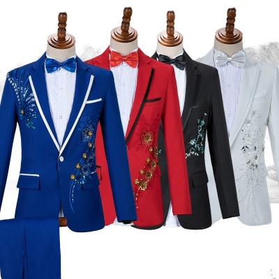 Men's Performance Tuxedo with Sequins Adult for Chorus Singer Host Wedding or Stage Button Closure Male Business Suits