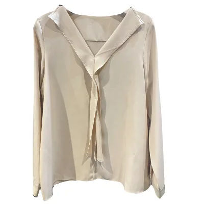 Women's V Neck Blouses & Shirts Long Sleeve Chiffon Top Office Casual Wear Summer Solid Polyester Woven Fabric Pattern Drawing