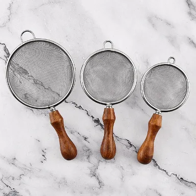 Premium Quality Stainless Steel Strainers with Comfortable Wooden Handles for Loose Leaf Tea, Flour, Juice, Fry Oil, Coffee