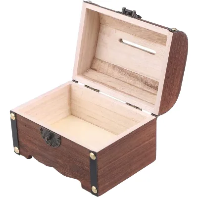 Wooden Square Classic Carved Treasure Chest Jewelry Box with Lock and Keys
