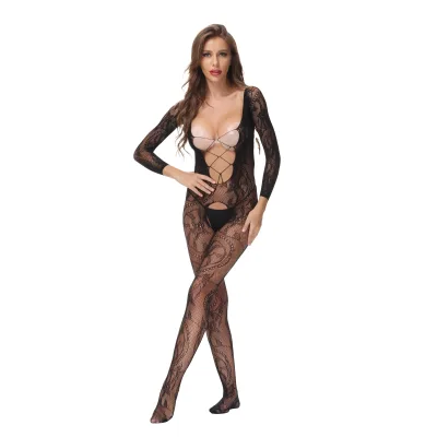 Black Long Sleeve Sheer Open Chest Body Stocking Bodystocking Bodysuit With Leg Stocking Lingerie