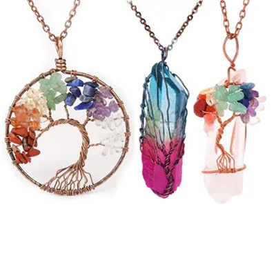 7 Chakra Macadam Quartz Natural Stone Necklace Jewelry Sets Tree Pendant Crystal Healing Necklace