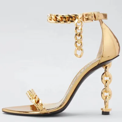 Custom Metal Heels Sandals Women Dress Stiletto Party Ankle Buckle Office Lady Shoes Open Square Toe High Slim Gold Heels