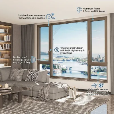 Double or Triple Low-E Hollow Glass Thermal Break Canadian Standard Aluminum Casing windows