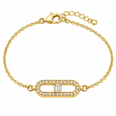 925 Sterling Silver Women's Trendy Bracelet Gold Tone Open Rectangle Bar Zircon Pave Border Boutique Supply Wholesale Gift
