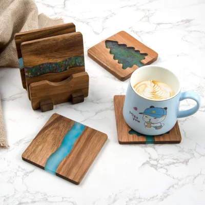 Acacia Resin coaster Solid Wood Insulated square Creative coaster for Drinks Tabletop Protection with Holder