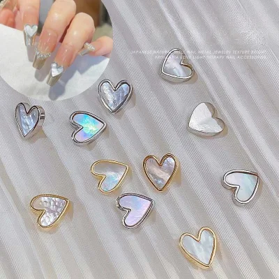 Popular Gold Sliver Love Heart Kawaii Nail Charms Shell Stone Alloy 3d Heart Nail Charms Luxury Nail Charms