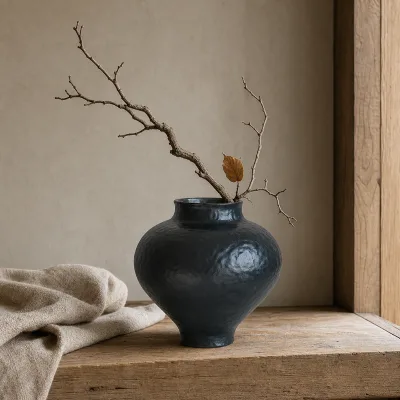 Rough Uneven Surface Matte Black Hand Thrown Pottery Vase Minimalist Home Decor Pot