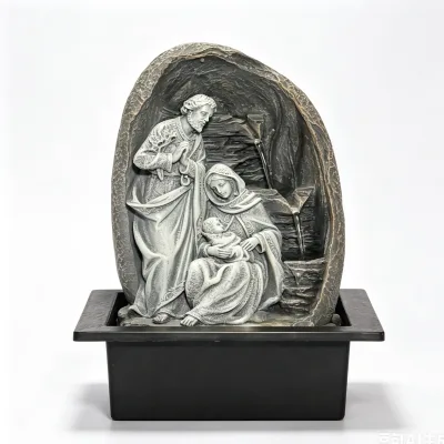 Nativity Scene Tabletop Water Fountain with LED Light and Cave Frame for Spiritual Christian Home Decor