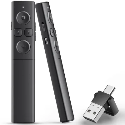 Wireless Presentations 2-in-1 USB C/A Rechargeable Presenter With Volume Control Hyperlink for MAC Computer Laptop Round Slim