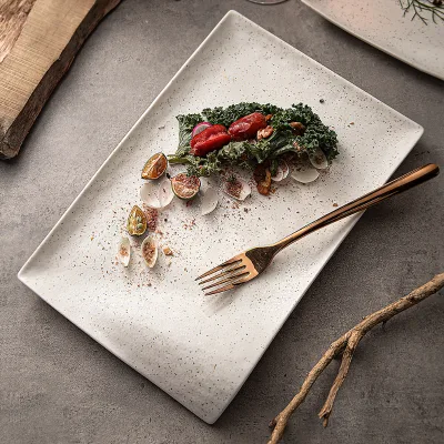Wholesale Custom Hotel Wedding Dessert Platos Dishes Irregular Rectangular Matte White Nordic Dots Pottery Crockery Dinner Plate