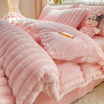 Hot Furry Good Feeling New Design Rabbit Faux Fur Fluffy Plush Warm Duvet Cover Set Four-piece Bedding Set
