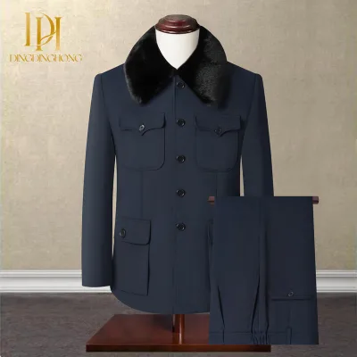 Chung-Sam Men's Slim Fit Suit for Dad Grandpa and Elderly Autumn Winter Velvet Cotton Clothing Flat Front Style