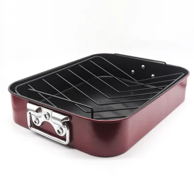 Non-Stick Carbon Steel Red Square Roasting Pan Foldable Handle Pot Cover Wire Rack Meat Shredder Claws for Gas/Induction Ovens