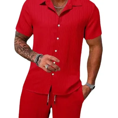 2025 Summer Men's Shirt Set Casual Loose Short Sleeved T-shirt and Shorts 2-piece Set Beach Set Men's Spot Wholesale
