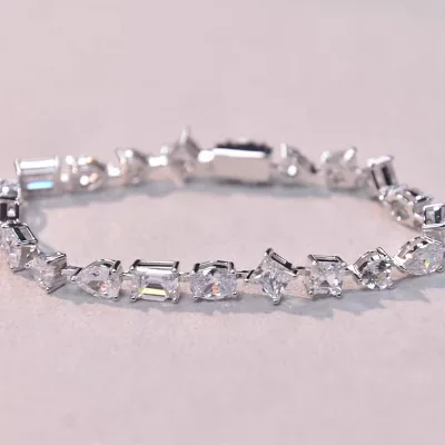 Lab Grown Diamond 4.106ct Fancy Shape Full Tennis Bracelet 18K White Gold 16-Stone 6.87g NGTC Certified