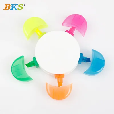 Five-Color Sunflower-Shaped Oblique Brush Tip Highlighter Pen Set for Children Interesting Design Made of Plastic