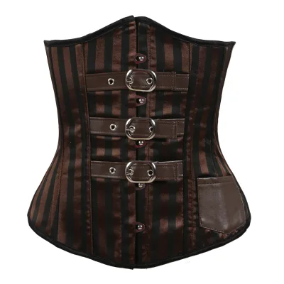 Steel Boned Underbust Corset Brown Body Shaper Three Leather Belt Buckles Waist Training Corset