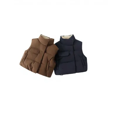 Children Girls' Boys' Autumn/Winter New Warm-Keeping Thickened Polyester Solid Color Vest Western-style Outerwear Collar Label