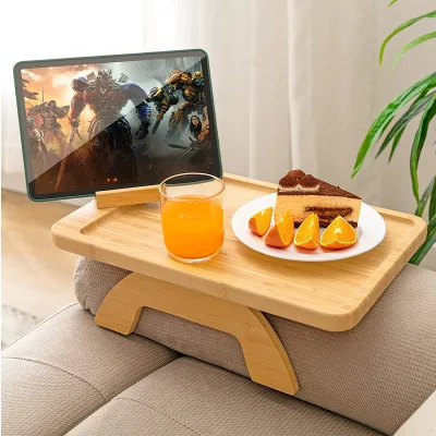 2024 Bamboo Sofa Tray Table Clip on Side Table for Wide Couches Arm, Foldable Couch Tray With 360 Rotating Phone Holder
